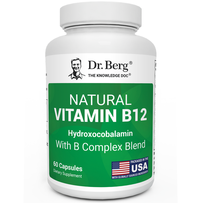Natural Vitamin B12 Hydroxocobalamin with B-Complex Blend, 60-capsule bottle, front view with Dr. Berg branding, packaged in the United States.