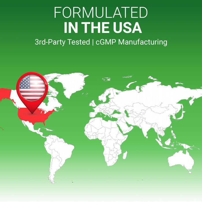 World map with a red pin on the United States and text stating formulated in the United States, third-party tested, and cGMP manufactured.