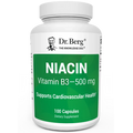 Niacin, 500 mg Vitamin B3, 100 capsules, front view, bottle with Dr. Berg branding on the label.