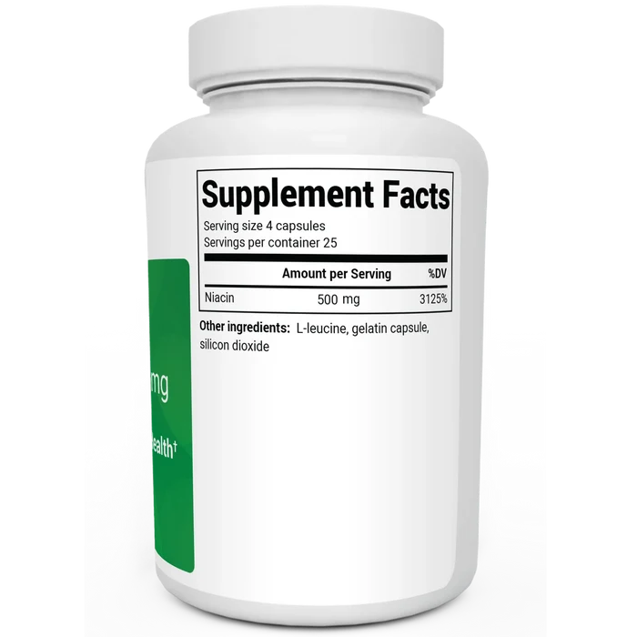 Niacin bottle label, right side view, supplement facts.