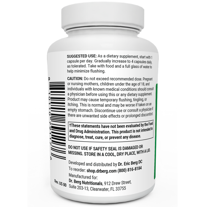 Niacin bottle label, left side view, suggested use instructions, safety warning details.