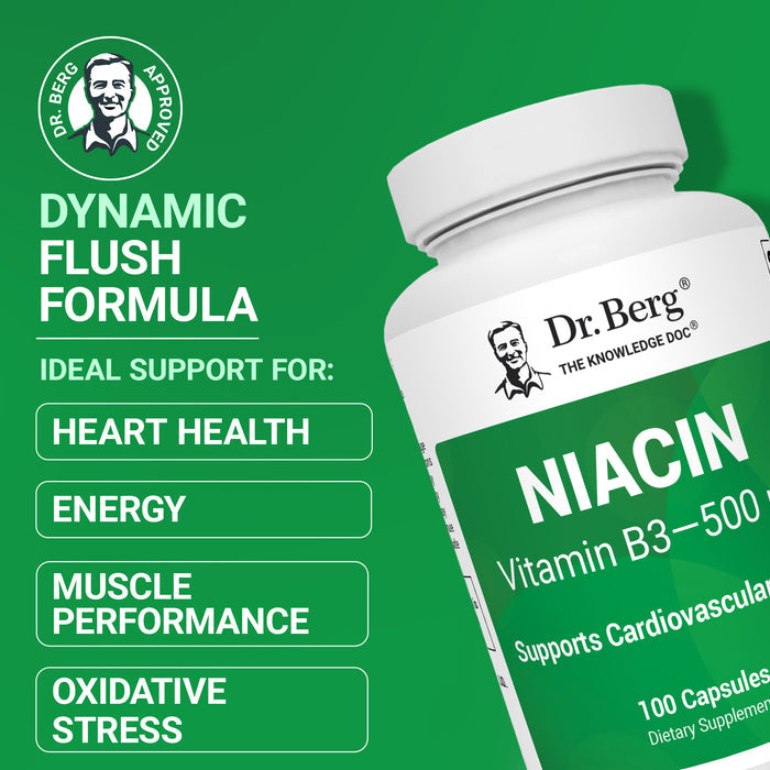 Dr. Berg Niacin supplement bottle with text: 'Dynamic flush formula. Ideal support for heart health, energy, muscle performance, and oxidative stress.'