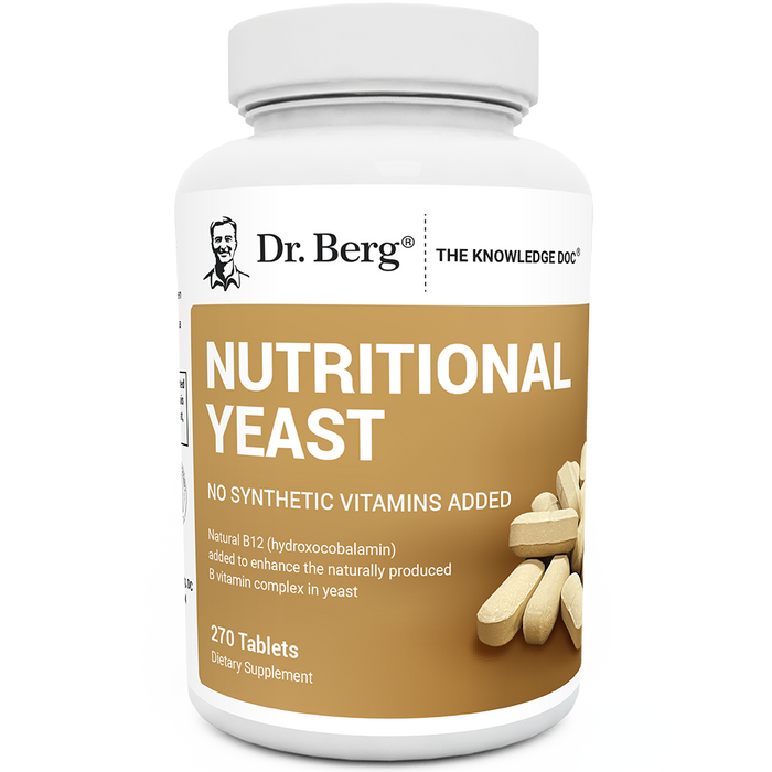 Nutritional Yeast Tablets, 270 Tablets, no synthetic vitamins added, front view, bottle with Dr. Berg branding.