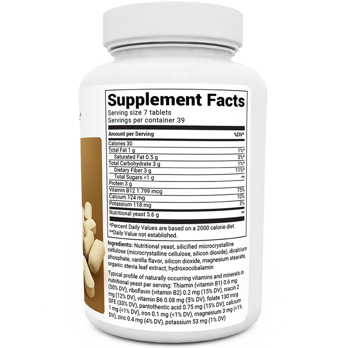 Nutritional Yeast Tablets bottle label, right side view, supplement facts.