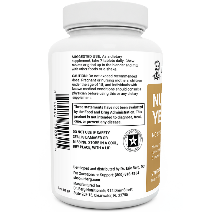 Nutritional Yeast Tablets bottle label, left side view, suggested use instructions, safety warning details.