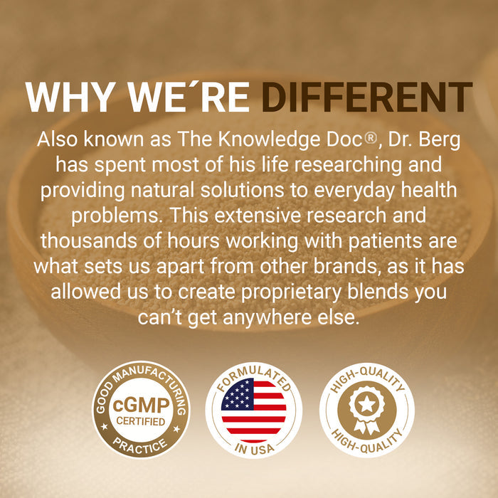 Text explaining Dr. Berg’s natural health expertise: 'Why We're Different — Dr. Berg, also known as The Knowledge Doc, has spent years researching and helping patients with natural solutions. This experience led to unique, proprietary blends.' Icons below read: cGMP certified, Formulated in USA, and High-Quality.