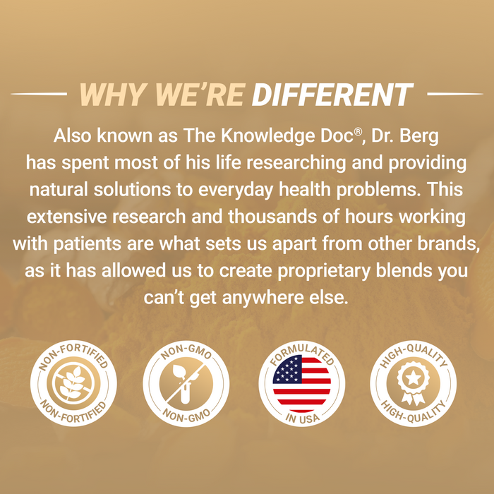 Text explaining Dr. Berg’s natural health expertise: 'Why We're Different — Dr. Berg, also known as The Knowledge Doc, has spent years researching and helping patients with natural solutions. This experience led to unique, proprietary blends.' Icons below read: Non-fortified, NON-GMO, Formulated in USA, and High-Quality.