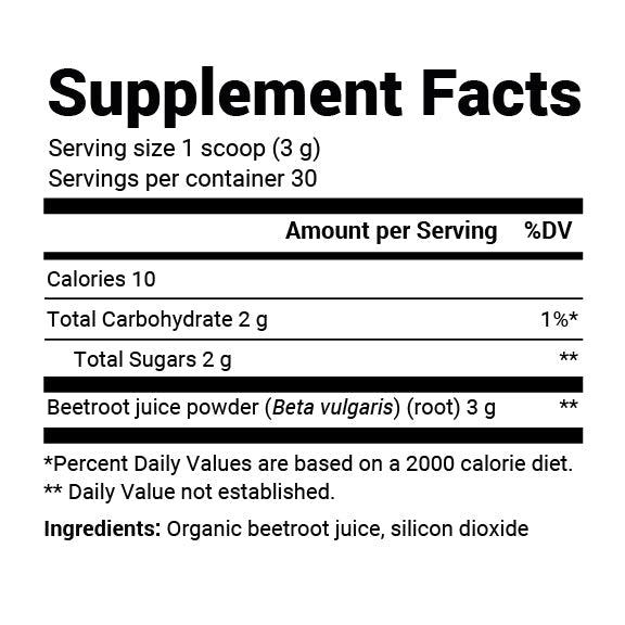 Close-up view of Organic Beetroot Juice Powder supplement facts label.