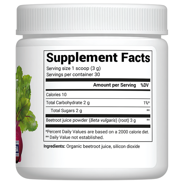 Organic Beetroot Juice Powder bottle label, right side view, supplement facts.
