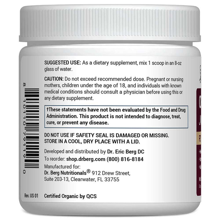 Organic Beetroot Juice Powder bottle label, left side view, suggested use instructions, safety warning details.
