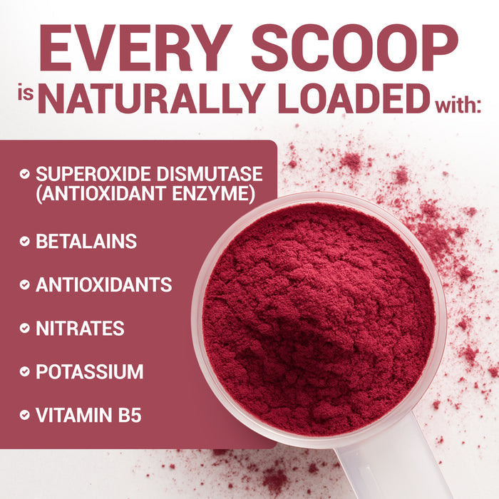 Scoop of red powder with text that reads “Every scoop is naturally loaded with,” and showing ingredients.