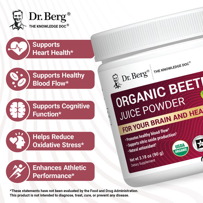 Dr. Berg Organic Beet Juice Powder container with health benefits listed: supports hearth health, healthy blood flow, cognitive function, helps reduce oxidative stress, and enhances athletic performance.