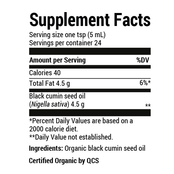Close-up view of Organic Black Seed Oil supplement facts label.
