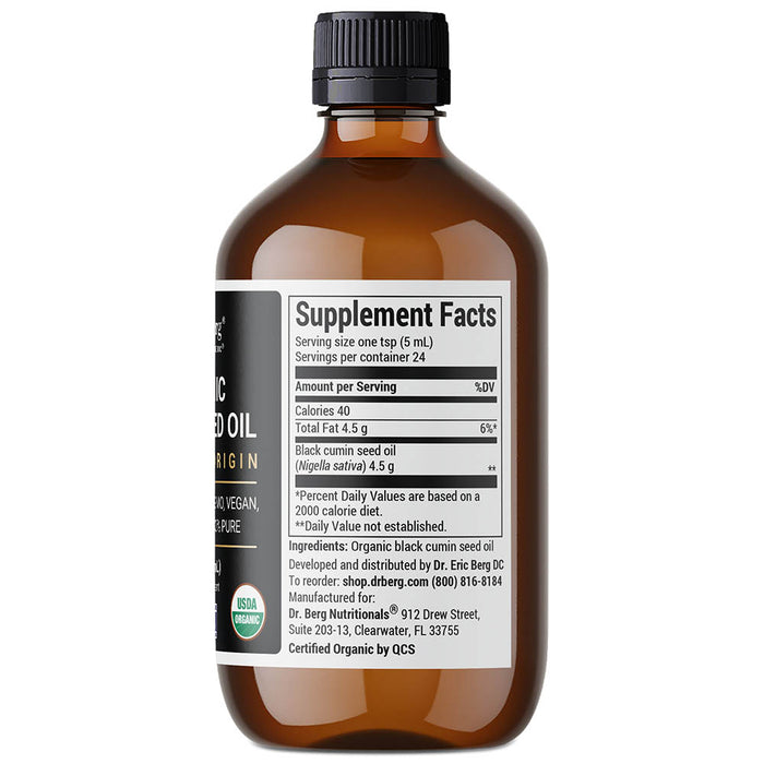 Organic Black Seed Oil bottle label, right side view, supplement facts.