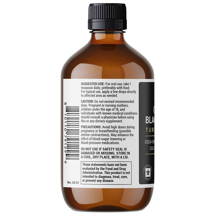 Organic Black Seed Oil bottle label, left side view, suggested use instructions, safety warning details.