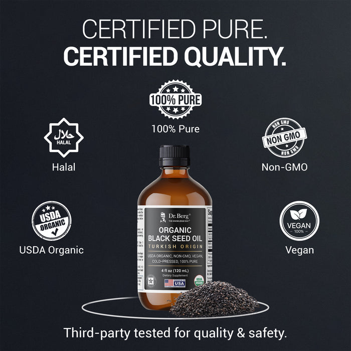 Organic Black Seed Oil with certification logos: Halal, USDA Organic, Vegan, Non-GMO, and 100% Pure. Third-party tested for quality and safety.