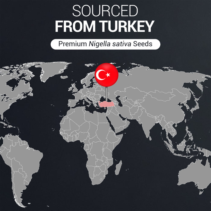 World map highlighting Turkey with a red dot and text 'Sourced from Turkey, Premium Nigella sativa Seeds'.