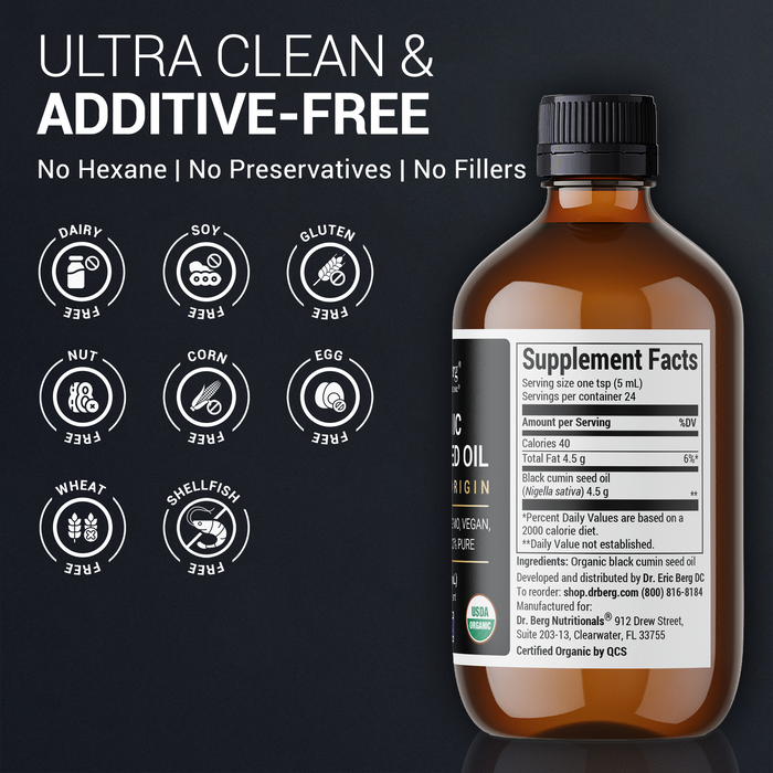 Bottle of Organic Black Seed Oil, an ultra-clean supplement made without additives, hexane, preservatives, or common allergens.