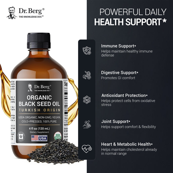 Dr. Berg Organic Black Seed Oil bottle with listed benefits: immune support, digestive support*, antioxidant protection*, joint support*, and heart and metabolic health.