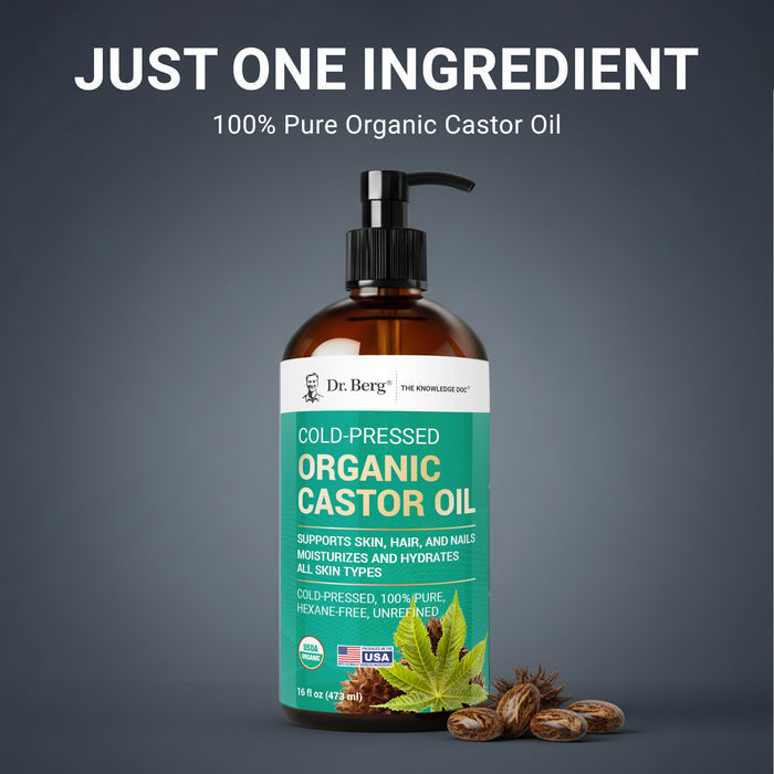 Organic Castor Oil by Dr. Berg with text reading “Just one ingredient, 100% pure and organic.”