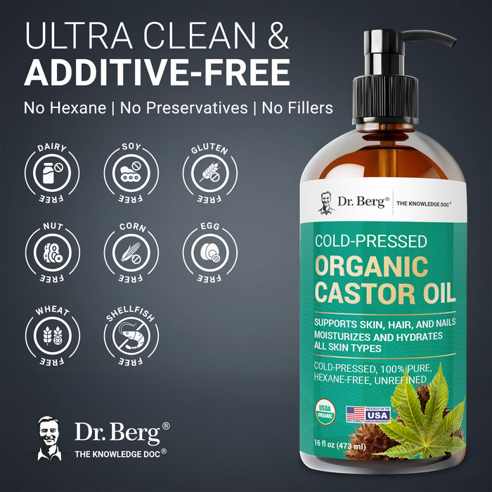 Organic Castor Oil by Dr. Berg highlighting ultra clean, additive-free formula with no hexane, preservatives, or fillers.
