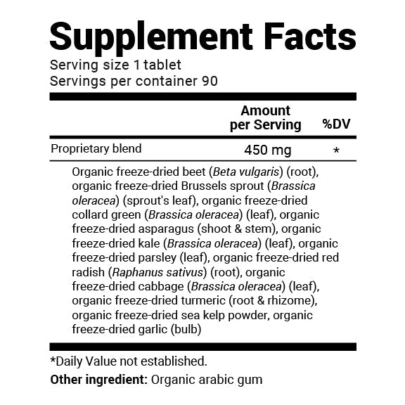 Close-up view of Organic Greens Superfood Cruciferous Blend (90 tablets) supplement fact label.