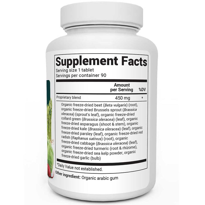 Organic Greens Superfood bottle label, 90 tablets, right side view, supplement facts.