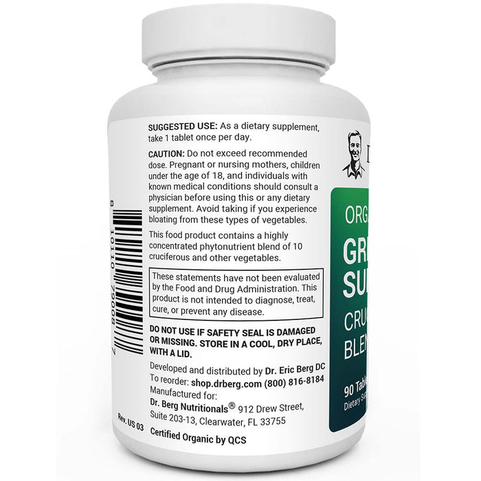 Organic Greens Superfood bottle label, 90 tablets, left side view, suggested use instructions, safety warning details.