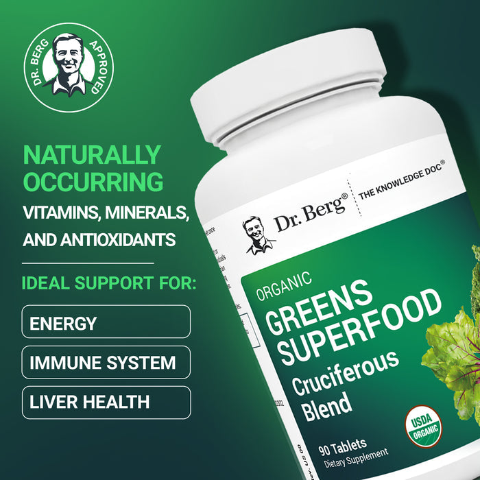Dr. Berg Greens Superfood supplement bottle  with text: 'Naturally occurring vitamins, minerals, and antioxidants. Ideal support for energy, immune system, and liver health.'