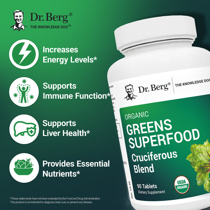 Dr. Berg Greens Superfood supplement bottle with text highlighting benefits: increases energy levels, supports immune function, liver health, and provides essential nutrients.