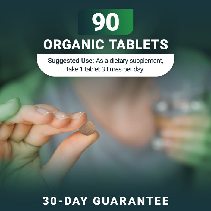 Person taking a pill with text: '90 organic tablets.  Suggested use: As a dietary supplement, take 1 tablet 3 times per day. 30-day guarantee'.