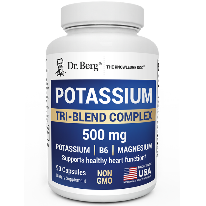 Dr. Berg Potassium Tri-Blend Complex bottle, 90 capsules, front label shown with Dr. Berg branding and “Non-GMO” and “Packaged in the USA” text.
