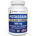 Dr. Berg Potassium Tri-Blend Complex bottle, 90 capsules, front label shown with Dr. Berg branding and “Non-GMO” and “Packaged in the USA” text.