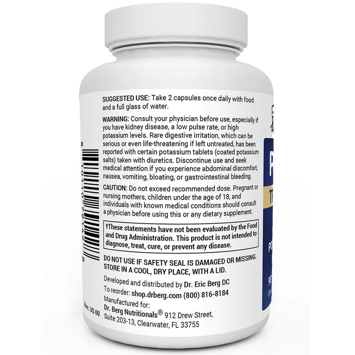 Potassium Tri-Blend Complex bottle label, left side view, suggested use instructions, safety warning details.