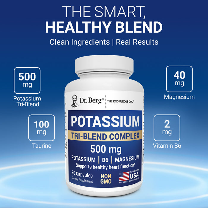 Bottle of Potassium Tri-Blend Complex with label text ‘The smart, healthy blend — clean ingredients | real results,’ and supplement amounts: potassium tri-blend 500 mg, taurine 100 mg, magnesium 40 mg, and vitamin B6 2 mg.