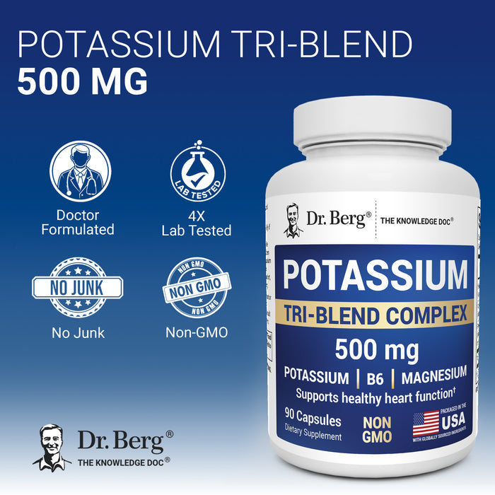Dr. Berg Potassium Tri-Blend Complex bottle with badges: doctor formulated, 4× lab tested, no junk, and non-GMO.