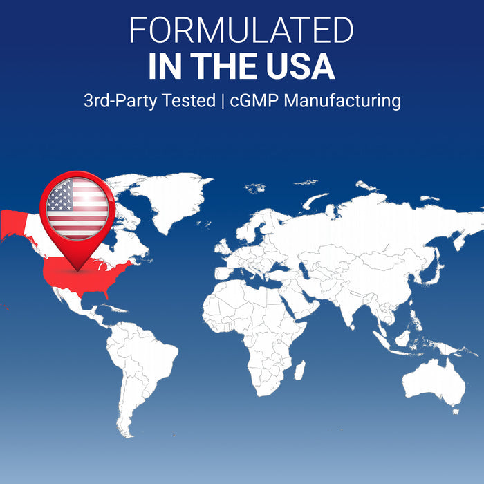 World map with a red pin on the USA and text about cGMP manufacturing and 3rd-party tested.