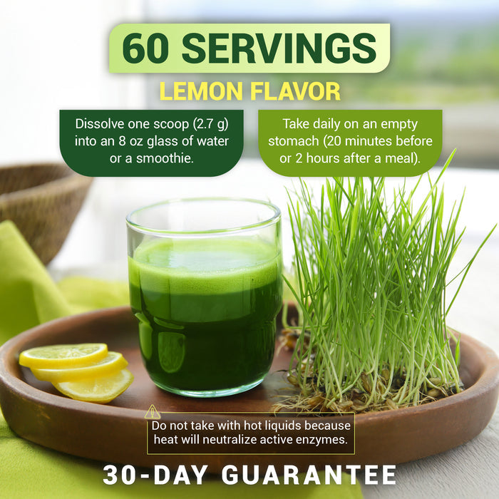 Glass of green juice with lemon slices and grass on a wooden tray, with text: '60 servings. Lemon flavor. Dissolve one scoop (2.7 g) into an 8 oz glass of water or a smoothie. Take daily on an empty stomach (20 minutes before or 2 hours after a meal). Do not take with hot liquids because heat will neutralize active enzymes. 30-day guarantee'.