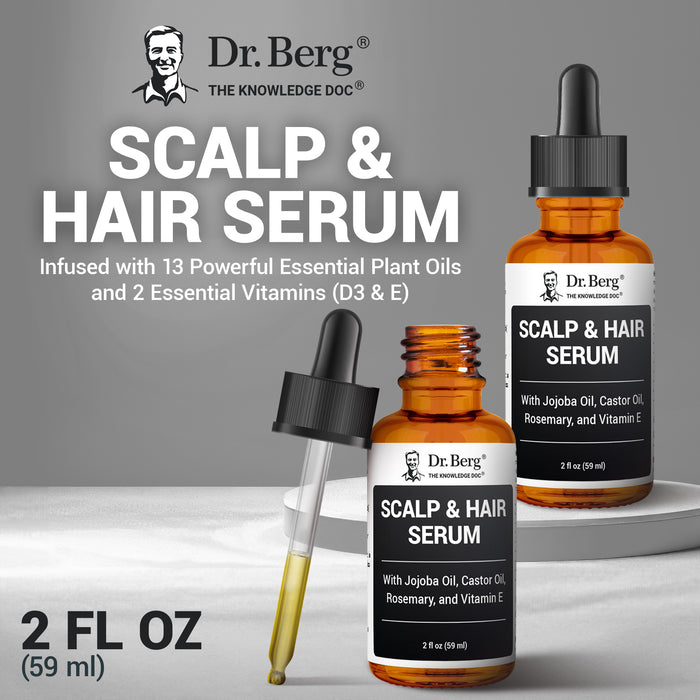 Dr. Berg Scalp & Hair Serum bottles with droppers and text: infused with 13 essential plant oils and 2 vitamins (D3 and E).