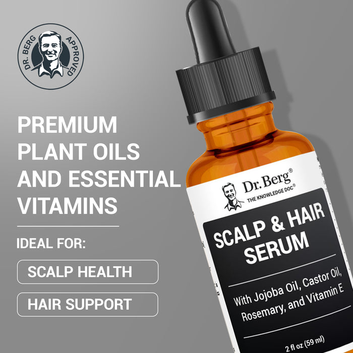 Dr. Berg Scalp & Hair Serum bottle with text: 'Premium plant oils and essential vitamins. Ideal support for scalp health, and hair support.'