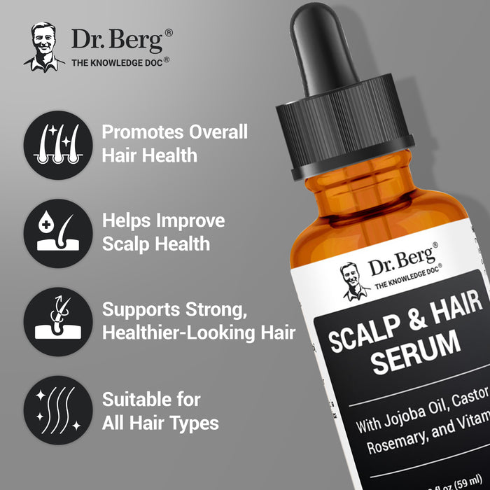 Dr. Berg Scalp and Hair Serum bottle with features: promotes overall hair health, helps improve scalp health, supports stronger, healthier-looking hair, and is suitable for all hair types.