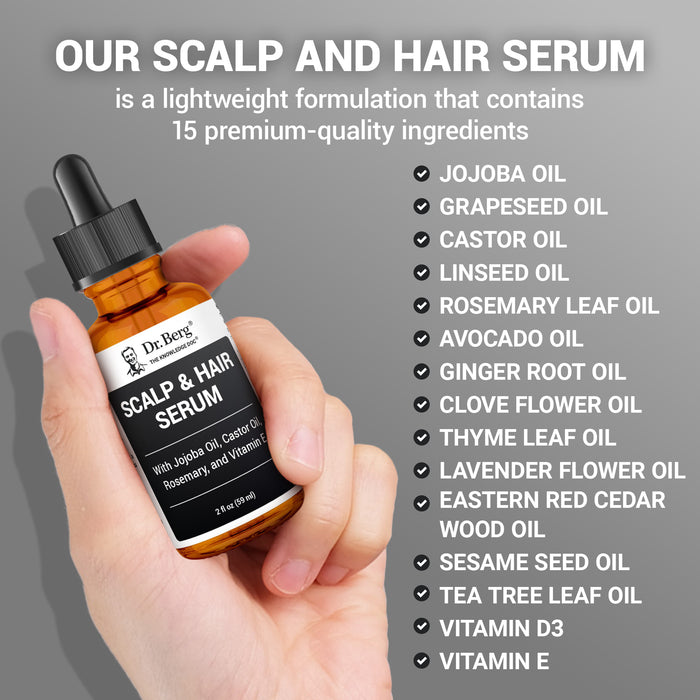 List of ingredients in Dr. Berg Scalp & Hair Serum, featuring 15 premium-quality ingredients.