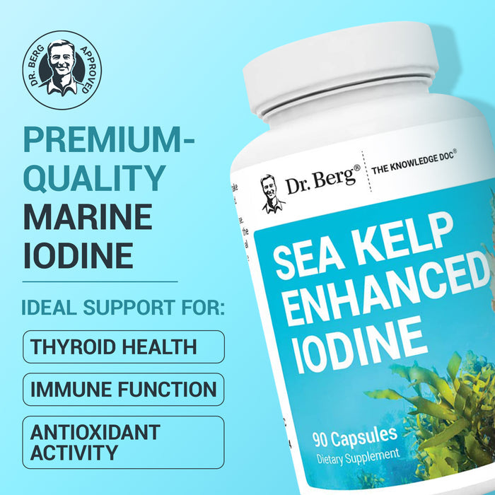 Dr. Berg Sea Kelp Enhanced Iodine supplement bottle with text: 'Premium-quality marine iodine. Ideal support for thyroid health, immune function, and antioxidant activity.'