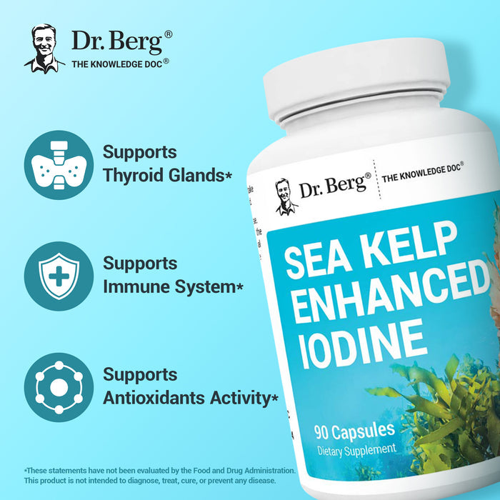 Dr. Berg Sea Kelp Enhanced Iodine supplement bottle with text highlighting benefits: supports thyroid glands, immune system, and antioxidants activity.