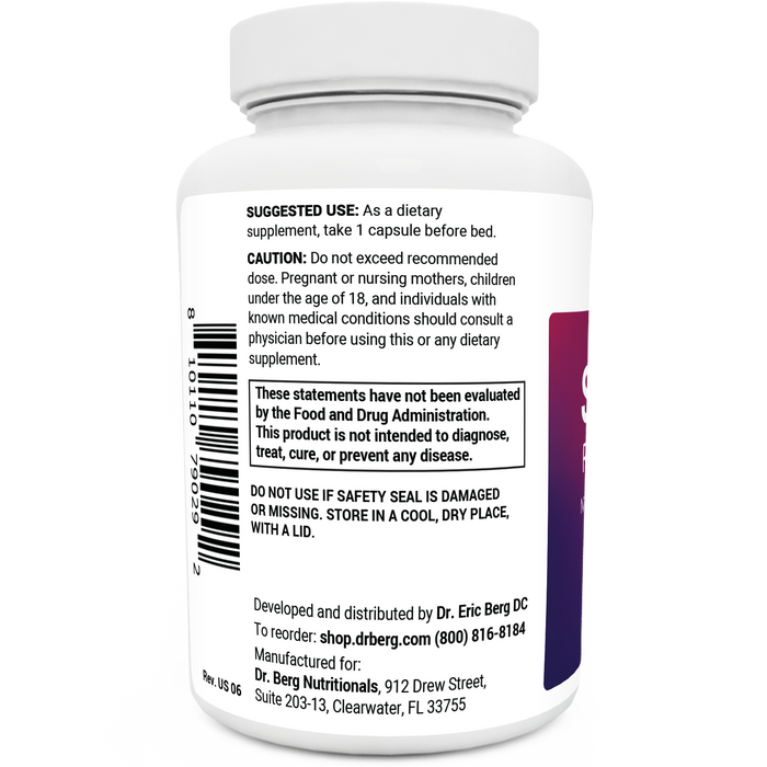 Sleep Aid Regular Formula bottle label, left side view, suggested use instructions, safety warning details.