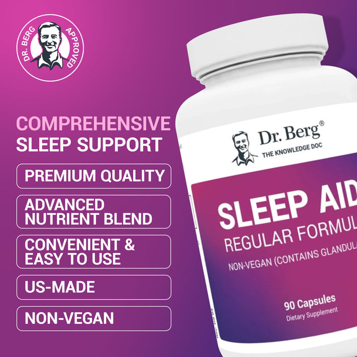 Dr. Berg Approved badge with text listing key benefits of Dr. Berg Sleep Aid Regular Formula: Comprehensive sleep support, premium quality, advanced nutrient blend, convenient and easy to use, U.S. Made, Non-Vegan.