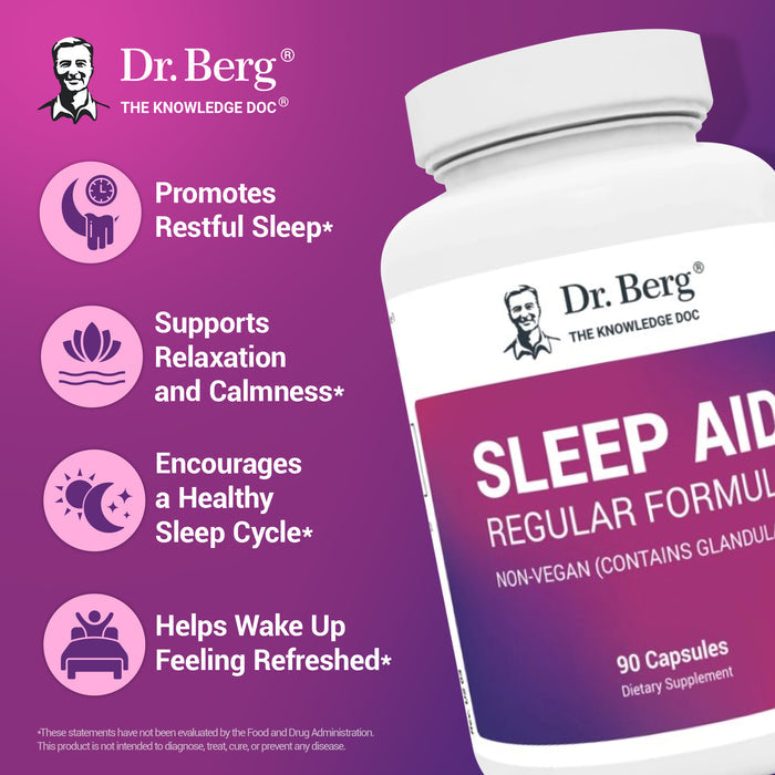 Dr. Berg Sleep Aid bottle with text highlighting benefits: Promotes restful sleep*, supports relaxation and calmness*, encourages a healthy sleep cycle*, and helps wake up feeling refreshed*. Disclaimer: These statements have not been evaluated by the FDA.