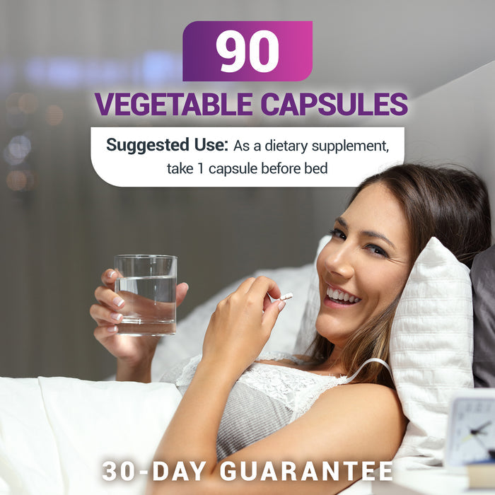 Person taking a pill with water in bed. Text on the image includes suggested use: "As a dietary supplement, take 1 capsule before bed", "90 capsules" and a "30-day guarantee".