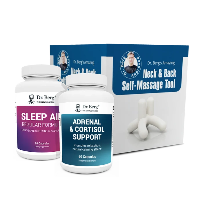 Dr. Berg's Stress Kit: 2 supplement bottles and self-massage tool.
