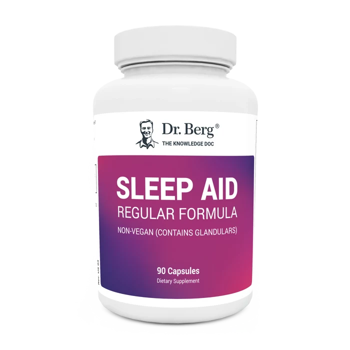 Sleep Aid Regular Formula, 90 capsules, Non-Vegan (Contains Glandulars), front view, bottle with Dr. Berg branding.